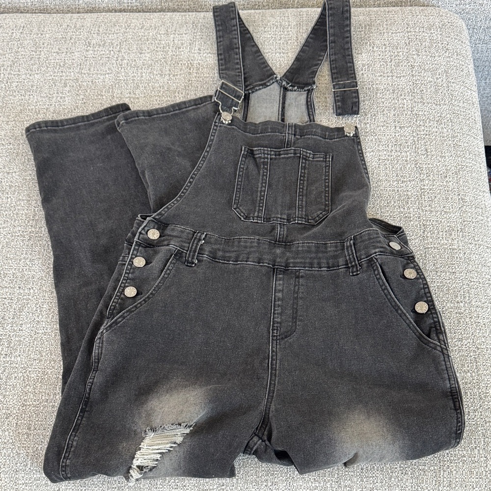 Black Distressed Denim Overalls